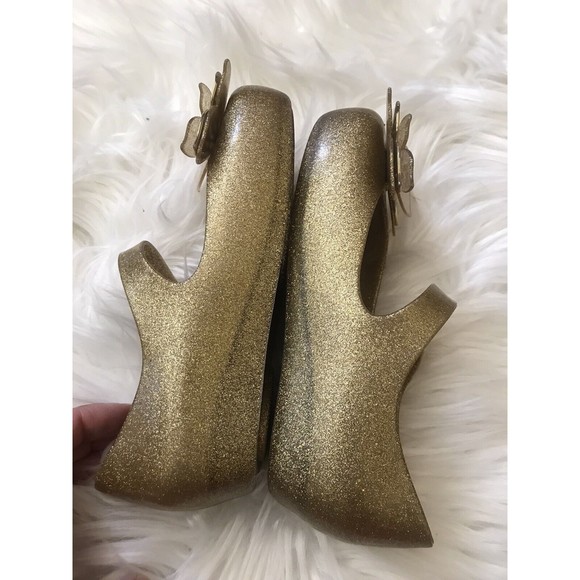 Mini MelissaGold Butterfly on Gold Sparkle Open Toe Mary Jane Cinderella sz 11 - Picture 5 of 7